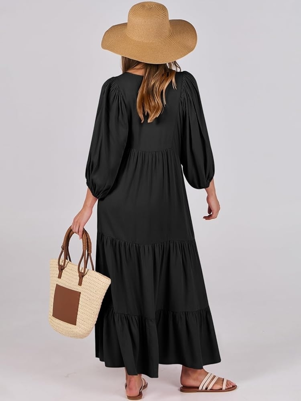 Elegant Black Maxi Dress with Bishop Sleeves - Picture 2 of 6